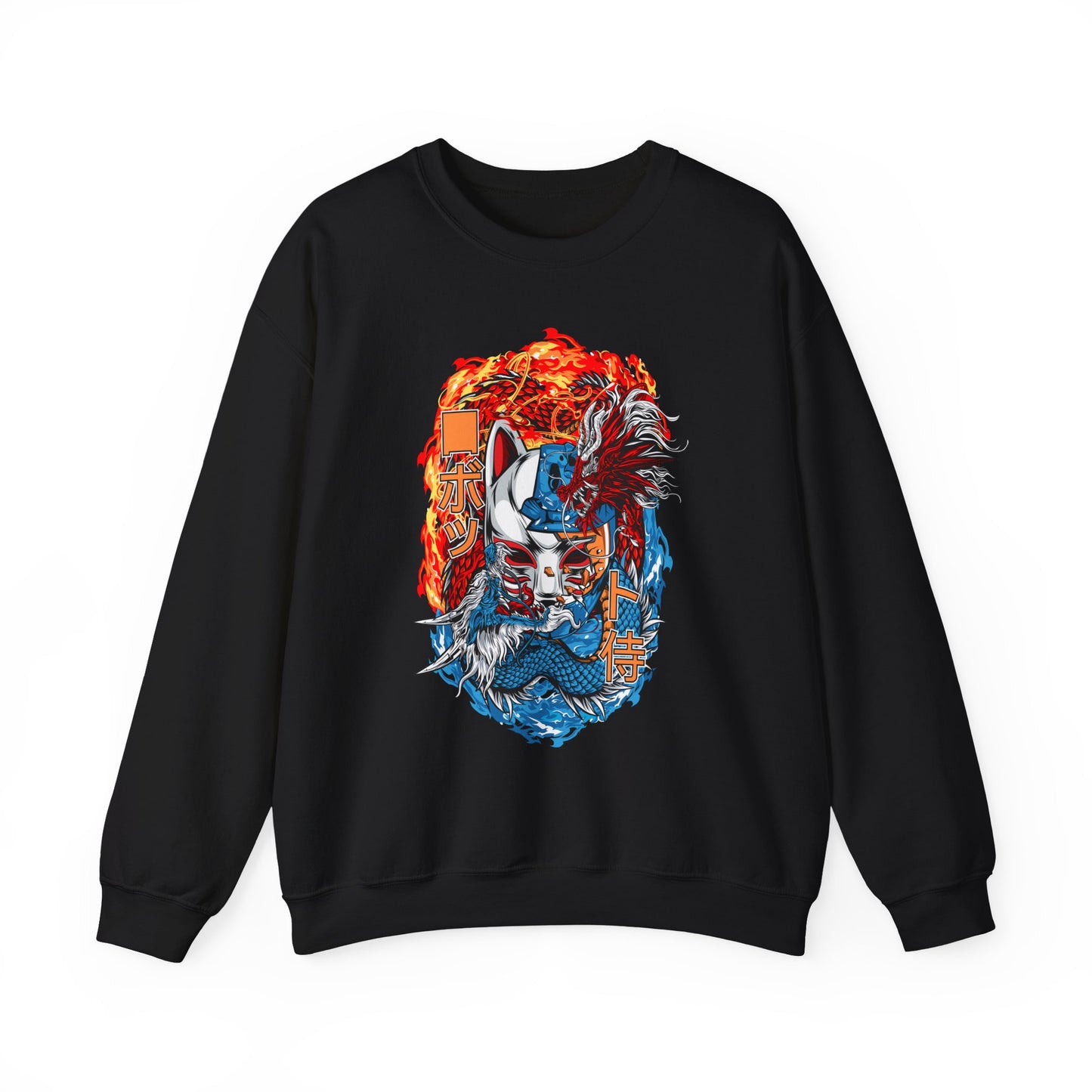 Kitsune Dragon Clash Crewneck Sweatshirt — Fiery Red & Blue Japanese Mask Design