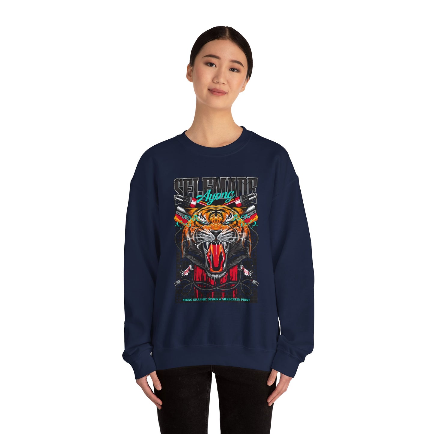 Crewneck Sweatshirt — Bold Roaring Tiger Graphic with 'Ayoung' Ribbon
