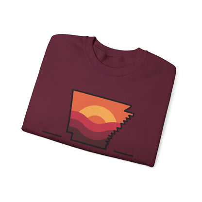Arkansas Sunset Crewneck Sweatshirt — State Map Graphic, Est. 1836