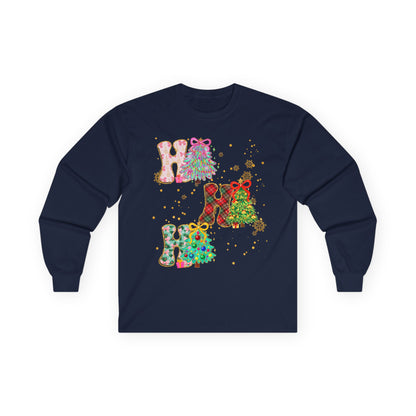Long Sleeve Tee — Festive 'HO HO HO' Floral Christmas Design