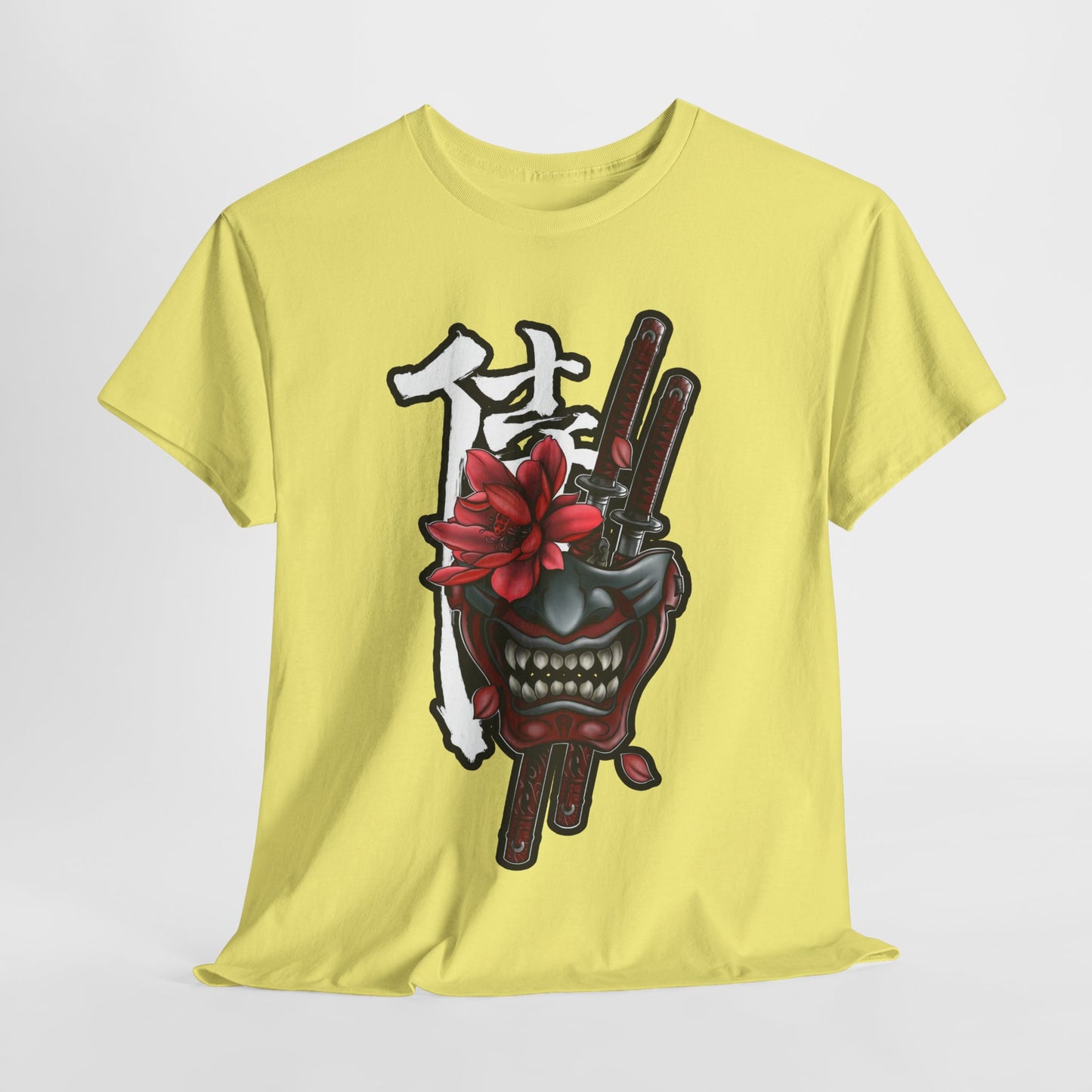 Unisex Heavy Cotton Tee - Floral Samurai Mask Design