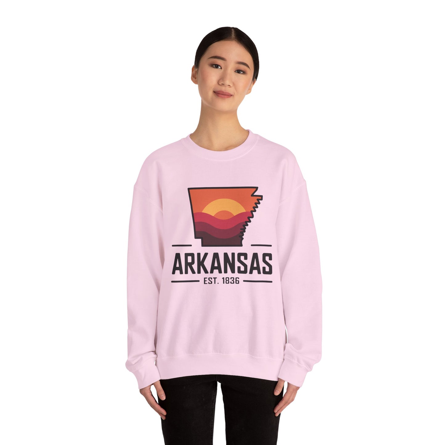 Arkansas Sunset Crewneck Sweatshirt — State Map Graphic, Est. 1836