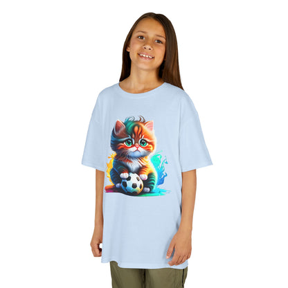 Playful Cat Soccer Kids Heavy Cotton™ Tee - Fun and Colorful T-Shirt for Young Animal Lovers