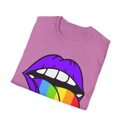 Pride Graphic Tee, Rainbow Mouth Design T-Shirt, Unisex Softstyle Shirt, LGBTQ+ Apparel, Fun Casual Wear, Birthday Gift