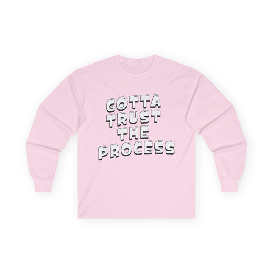 Trust The Process Long Sleeve Tee — Retro 3D Text Motivational Shirt