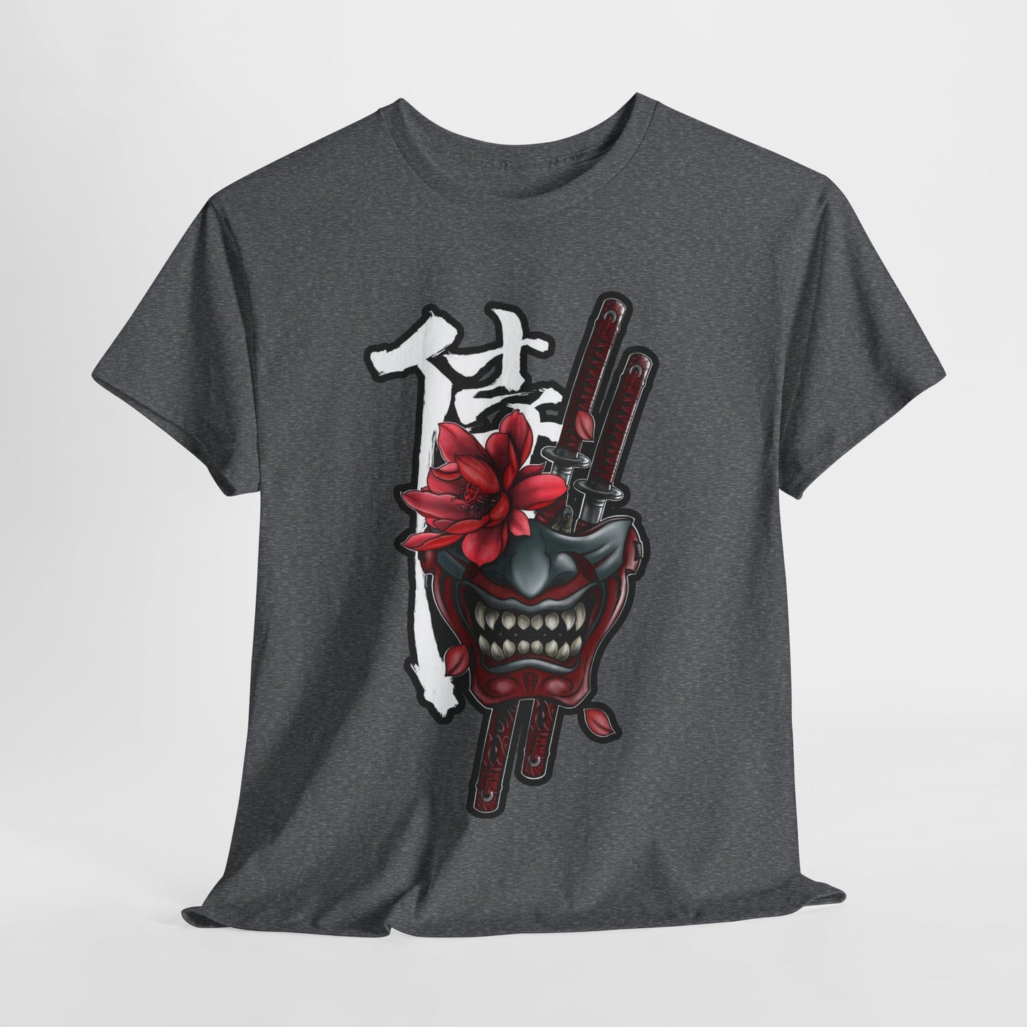 Unisex Heavy Cotton Tee - Floral Samurai Mask Design