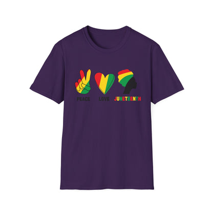 Juneteenth Peace Love Unisex Softstyle T-Shirt, Graphic Tee, Black History Month, Celebration Wear, Gift for Activists