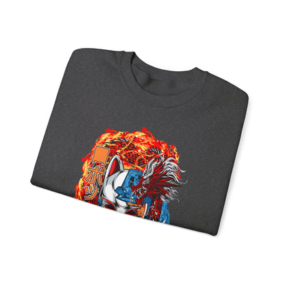 Kitsune Dragon Clash Crewneck Sweatshirt — Fiery Red & Blue Japanese Mask Design