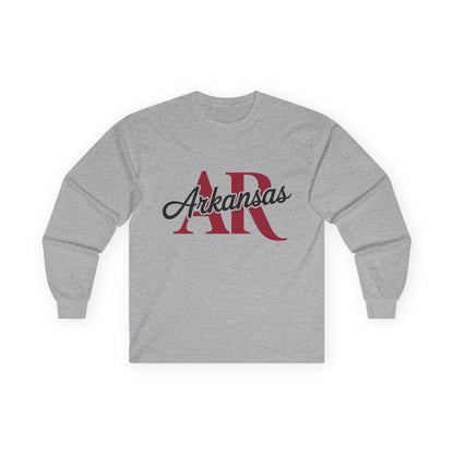 Arkansas AR Script Long Sleeve Tee — State Pride Graphic Shirt