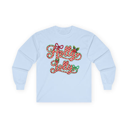 Long Sleeve Tee — "Merry Xmas" Candy Cane Script Christmas Shirt