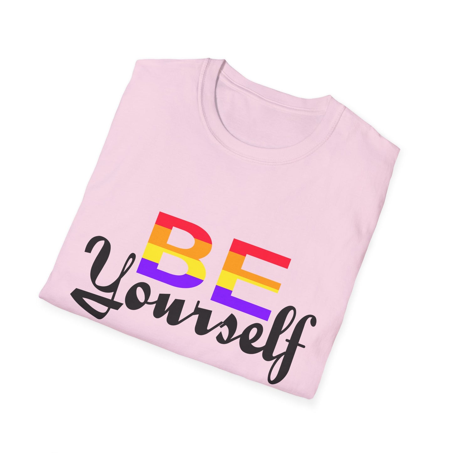 LGBTQ+ Pride Unisex T-Shirt, BE Yourself Quote Tee, Softstyle Graphic Shirt for Pride Month, Affirmation Apparel, Inclusive Fashion