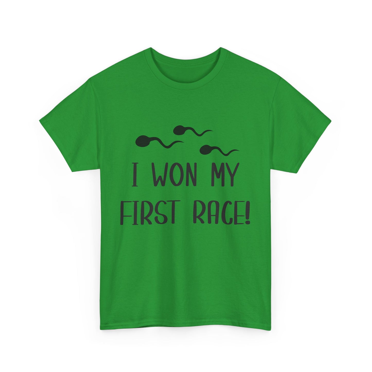 I Won My First Race! Unisex Heavy Cotton Tee - Fun Sperm Motif for New Dads and Celebrations