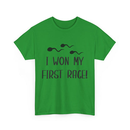 I Won My First Race! Unisex Heavy Cotton Tee - Fun Sperm Motif for New Dads and Celebrations
