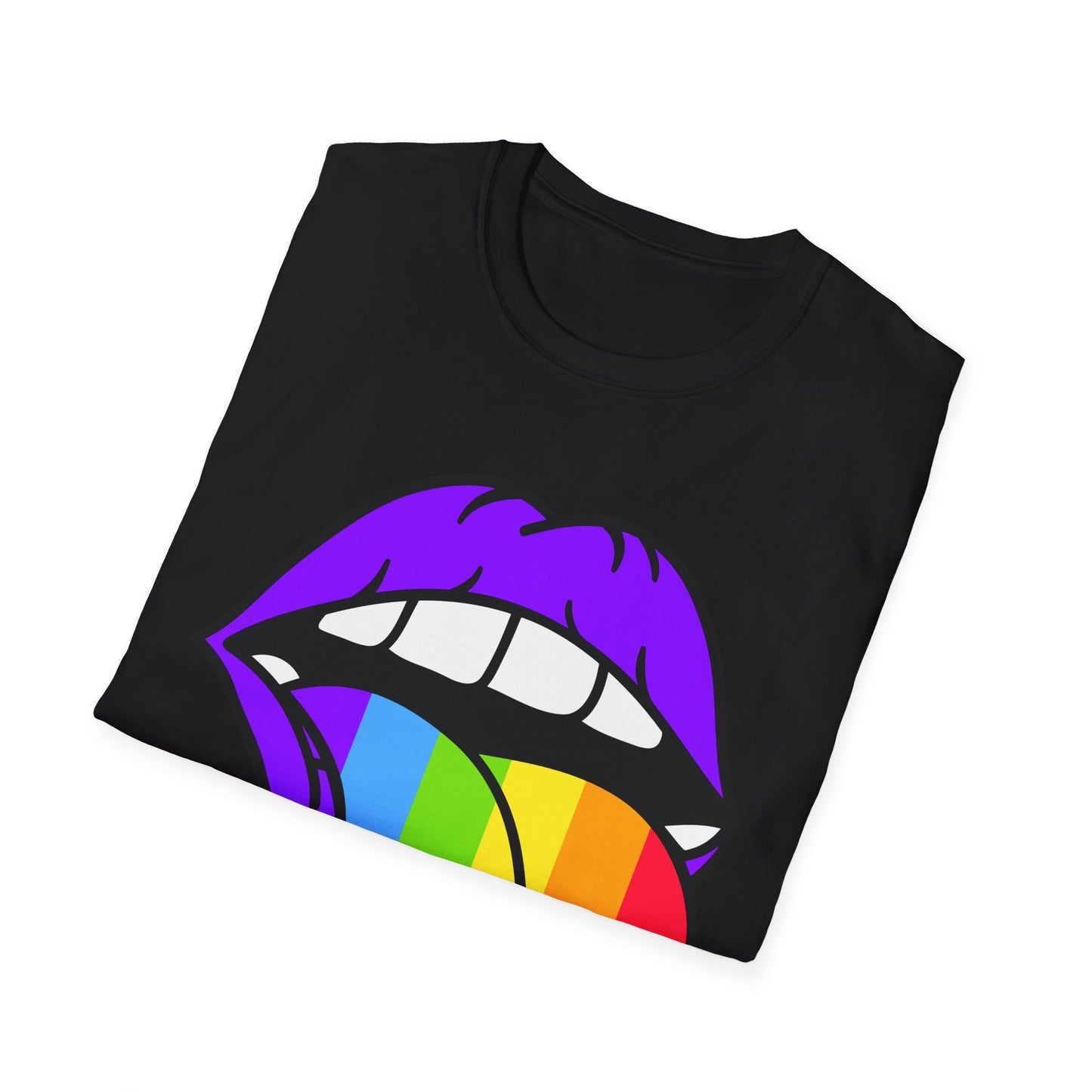 Pride Graphic Tee, Rainbow Mouth Design T-Shirt, Unisex Softstyle Shirt, LGBTQ+ Apparel, Fun Casual Wear, Birthday Gift