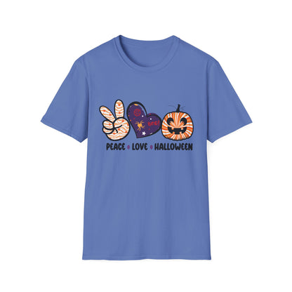 Halloween Peace Love T-Shirt, Unisex Graphic Tee for Fall Celebrations, Cozy Autumn Style, Perfect for Halloween Parties, Gifts