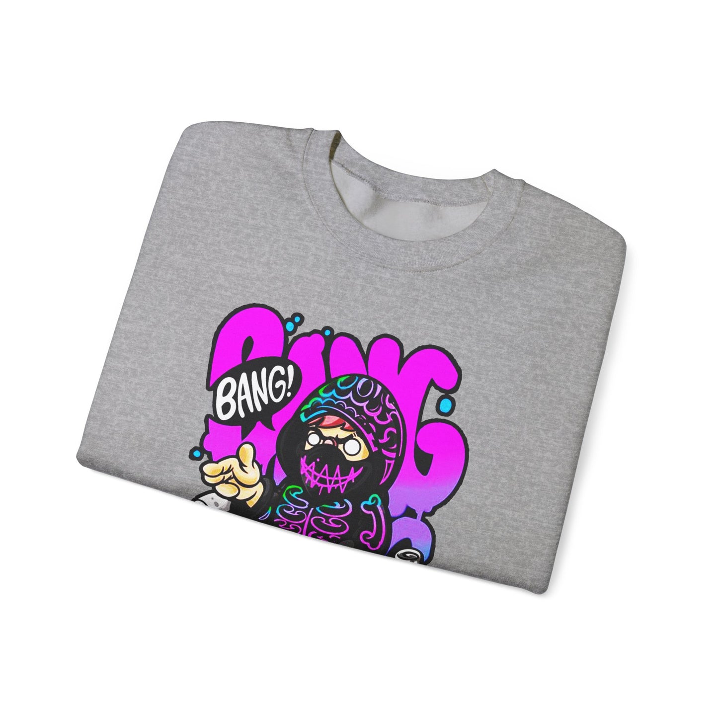 Streetwear Crewneck Sweatshirt — Cartoon Hoodie Character "BANG" Graphic