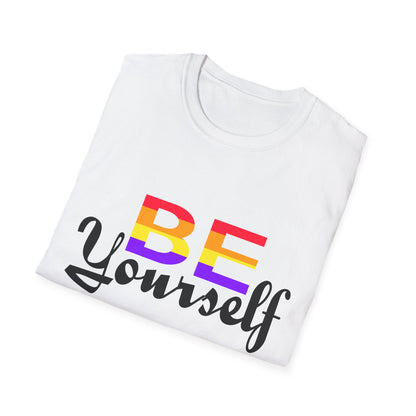 LGBTQ+ Pride Unisex T-Shirt, BE Yourself Quote Tee, Softstyle Graphic Shirt for Pride Month, Affirmation Apparel, Inclusive Fashion