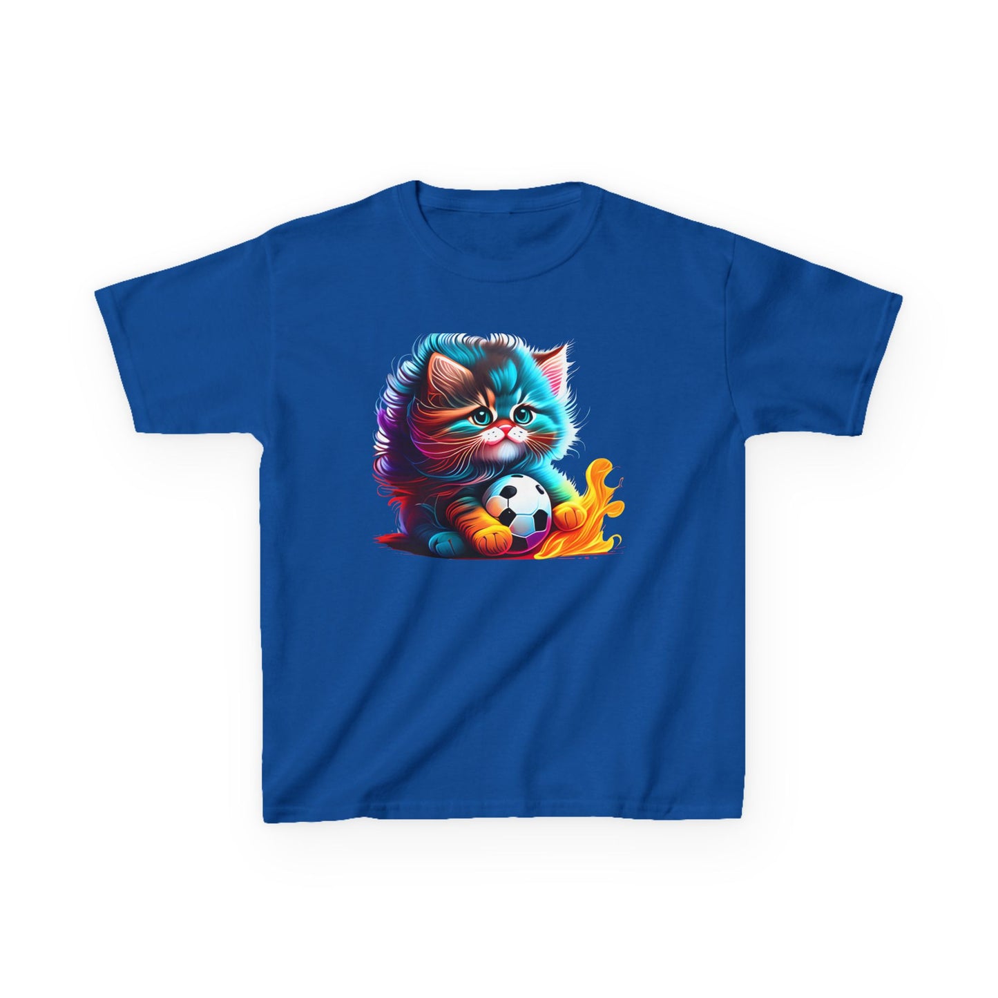Cute Cat Soccer Kids Tee - Colorful Heavy Cotton Shirt for Young Sports Fans