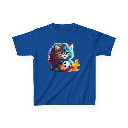Cute Cat Soccer Kids Tee - Colorful Heavy Cotton Shirt for Young Sports Fans