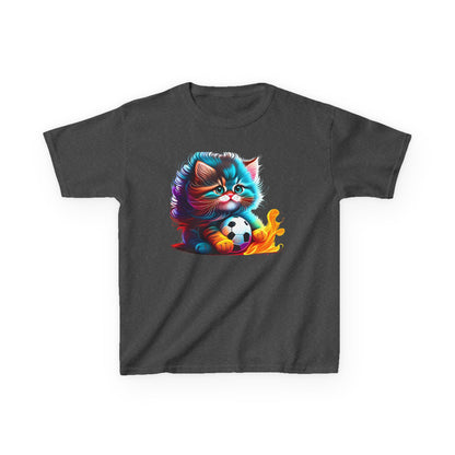 Cute Cat Soccer Kids Tee - Colorful Heavy Cotton Shirt for Young Sports Fans