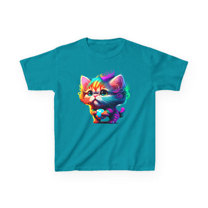 Colorful Cartoon Cat Kids Heavy Cotton Tee - Fun & Playful Design
