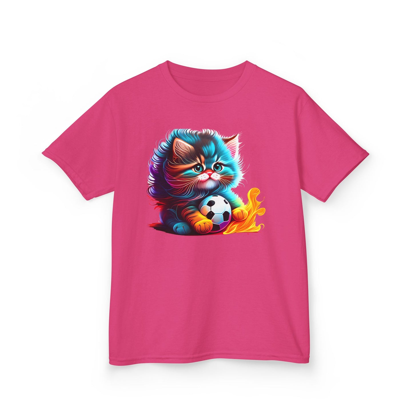 Cute Cat Soccer Kids Tee - Colorful Heavy Cotton Shirt for Young Sports Fans