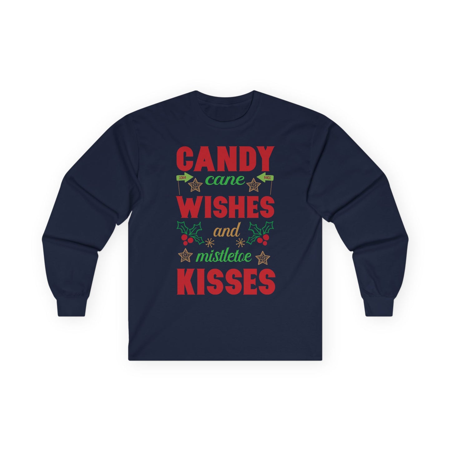 Candy Cane Wishes Long Sleeve Tee, Christmas Shirt, Holiday Gift, Mistletoe Apparel, Winter Fashion, Family Gathering Outfit