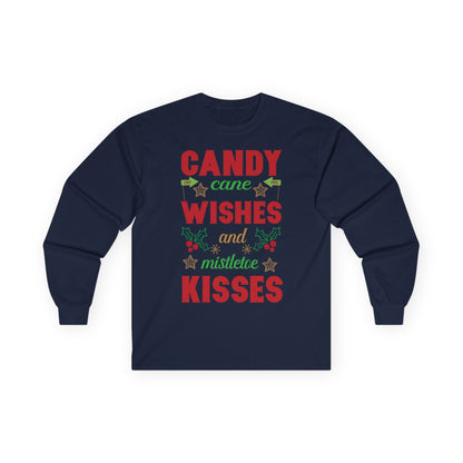 Candy Cane Wishes Long Sleeve Tee, Christmas Shirt, Holiday Gift, Mistletoe Apparel, Winter Fashion, Family Gathering Outfit