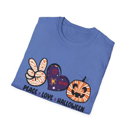 Halloween Peace Love T-Shirt, Unisex Graphic Tee for Fall Celebrations, Cozy Autumn Style, Perfect for Halloween Parties, Gifts