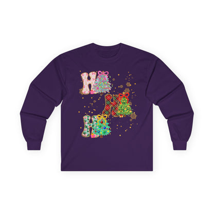 Long Sleeve Tee — Festive 'HO HO HO' Floral Christmas Design