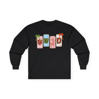 Long Sleeve Tee — Festive Gift Tag Graphic (Holidays, Christmas)