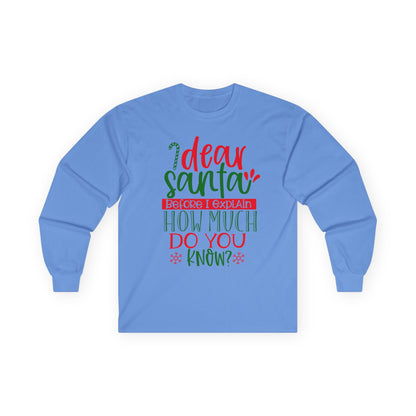 Unisex Holiday Long Sleeve Tee - 'Dear Santa, How Much Do You Know?' Christmas Shirt, Xmas Gift, Cozy Winter Wear, Fun Holiday Apparel