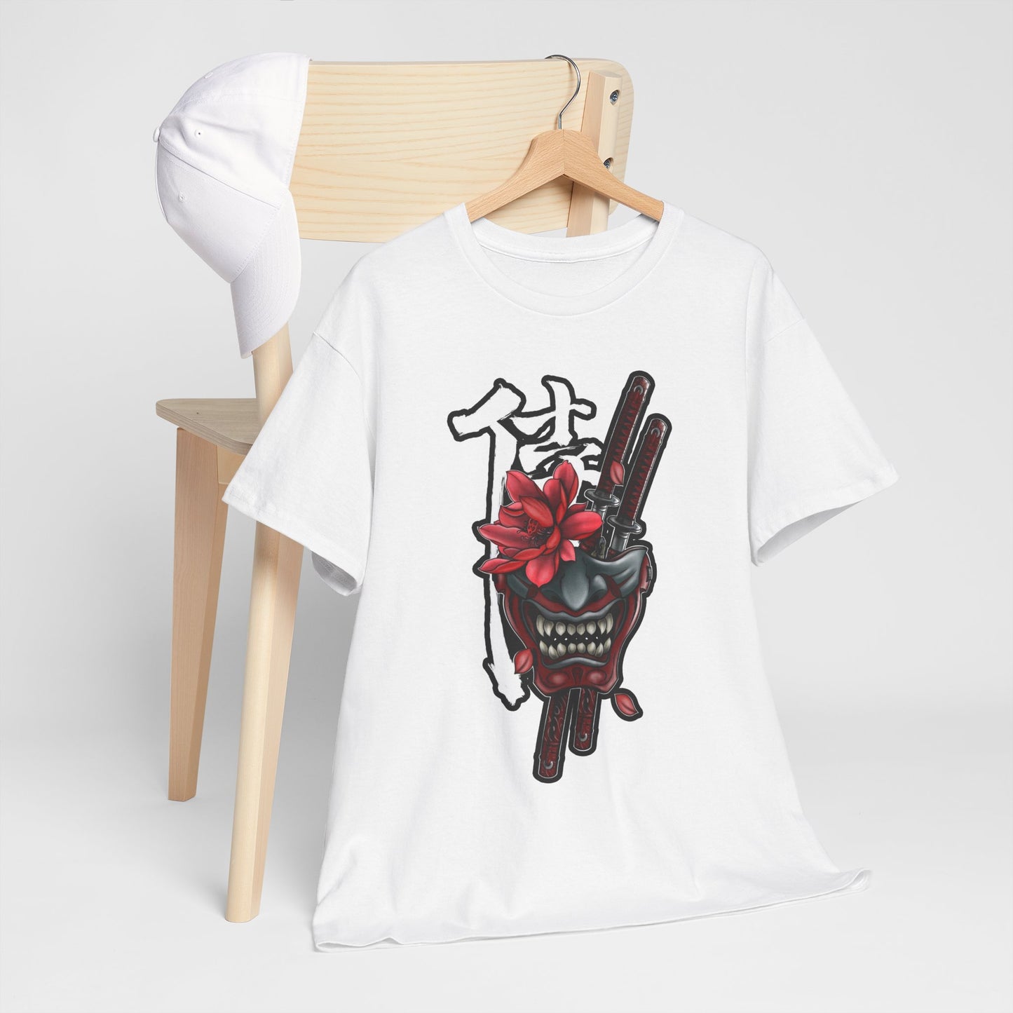 Unisex Heavy Cotton Tee - Floral Samurai Mask Design