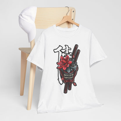 Unisex Heavy Cotton Tee - Floral Samurai Mask Design