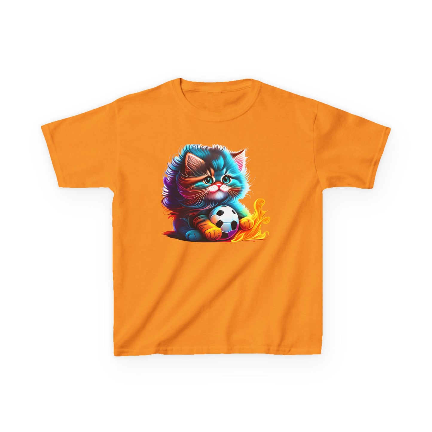 Cute Cat Soccer Kids Tee - Colorful Heavy Cotton Shirt for Young Sports Fans