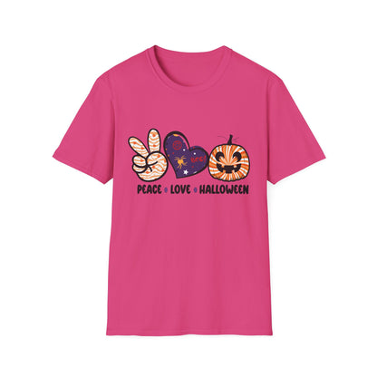 Halloween Peace Love T-Shirt, Unisex Graphic Tee for Fall Celebrations, Cozy Autumn Style, Perfect for Halloween Parties, Gifts