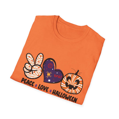 Halloween Peace Love T-Shirt, Unisex Graphic Tee for Fall Celebrations, Cozy Autumn Style, Perfect for Halloween Parties, Gifts