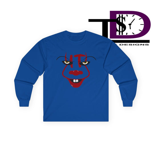 Creepy Clown Long Sleeve Tee, Unisex Halloween Shirt, Funny Costume Top, Fall Celebration Apparel, Spooky Graphic Tee, Horror Fan Gift