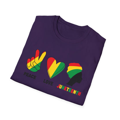 Juneteenth Peace Love Unisex Softstyle T-Shirt, Graphic Tee, Black History Month, Celebration Wear, Gift for Activists