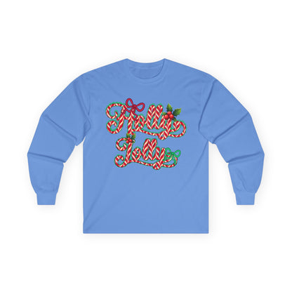 Long Sleeve Tee — "Merry Xmas" Candy Cane Script Christmas Shirt