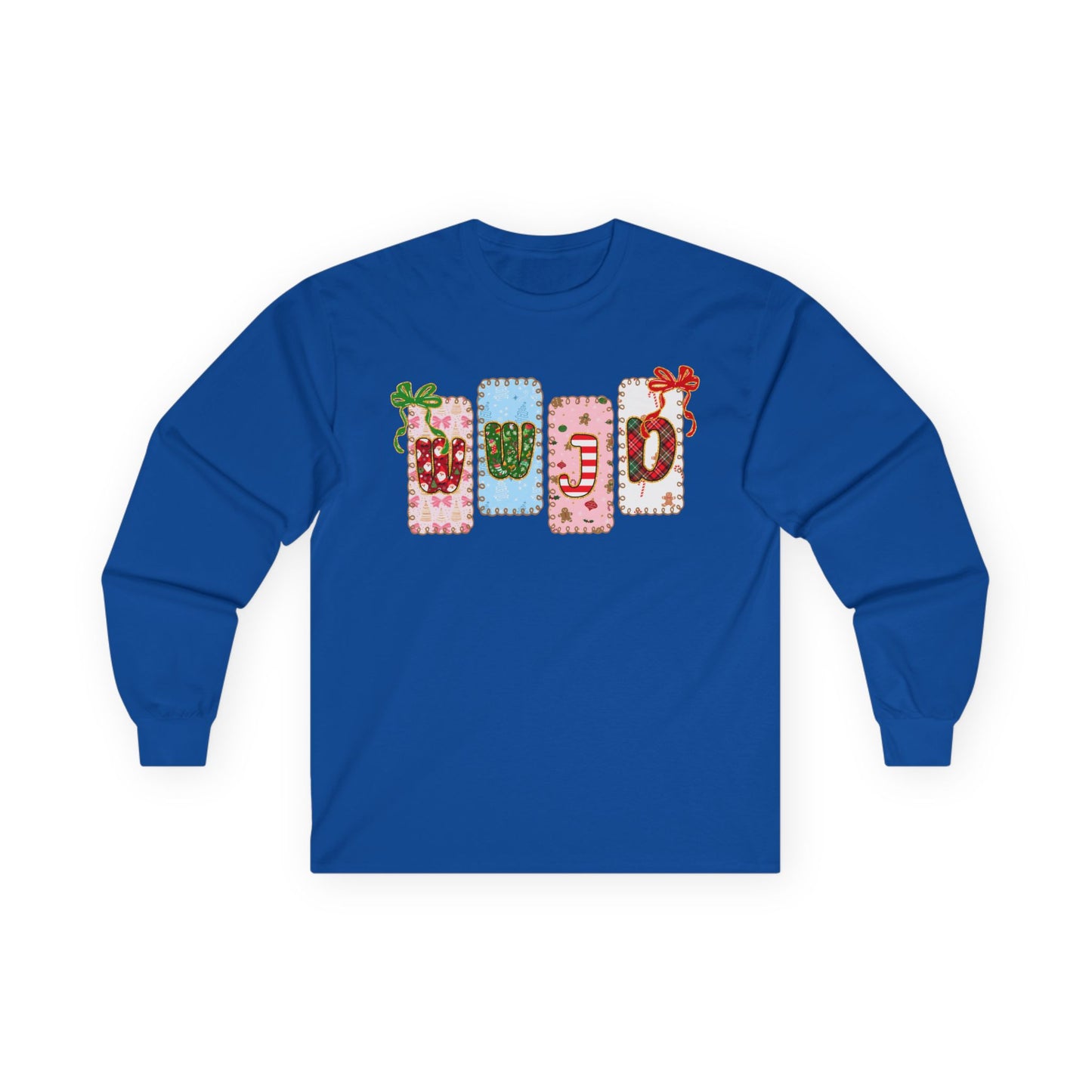 Long Sleeve Tee — Festive Gift Tag Graphic (Holidays, Christmas)