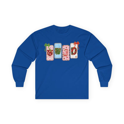 Long Sleeve Tee — Festive Gift Tag Graphic (Holidays, Christmas)