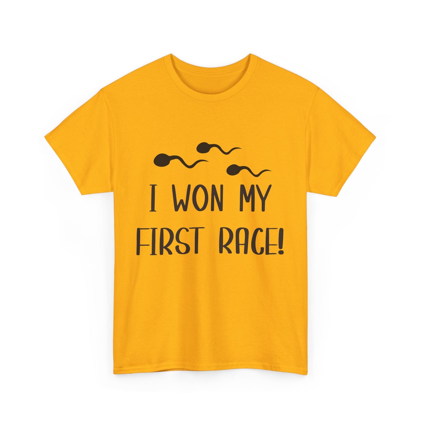 I Won My First Race! Unisex Heavy Cotton Tee - Fun Sperm Motif for New Dads and Celebrations
