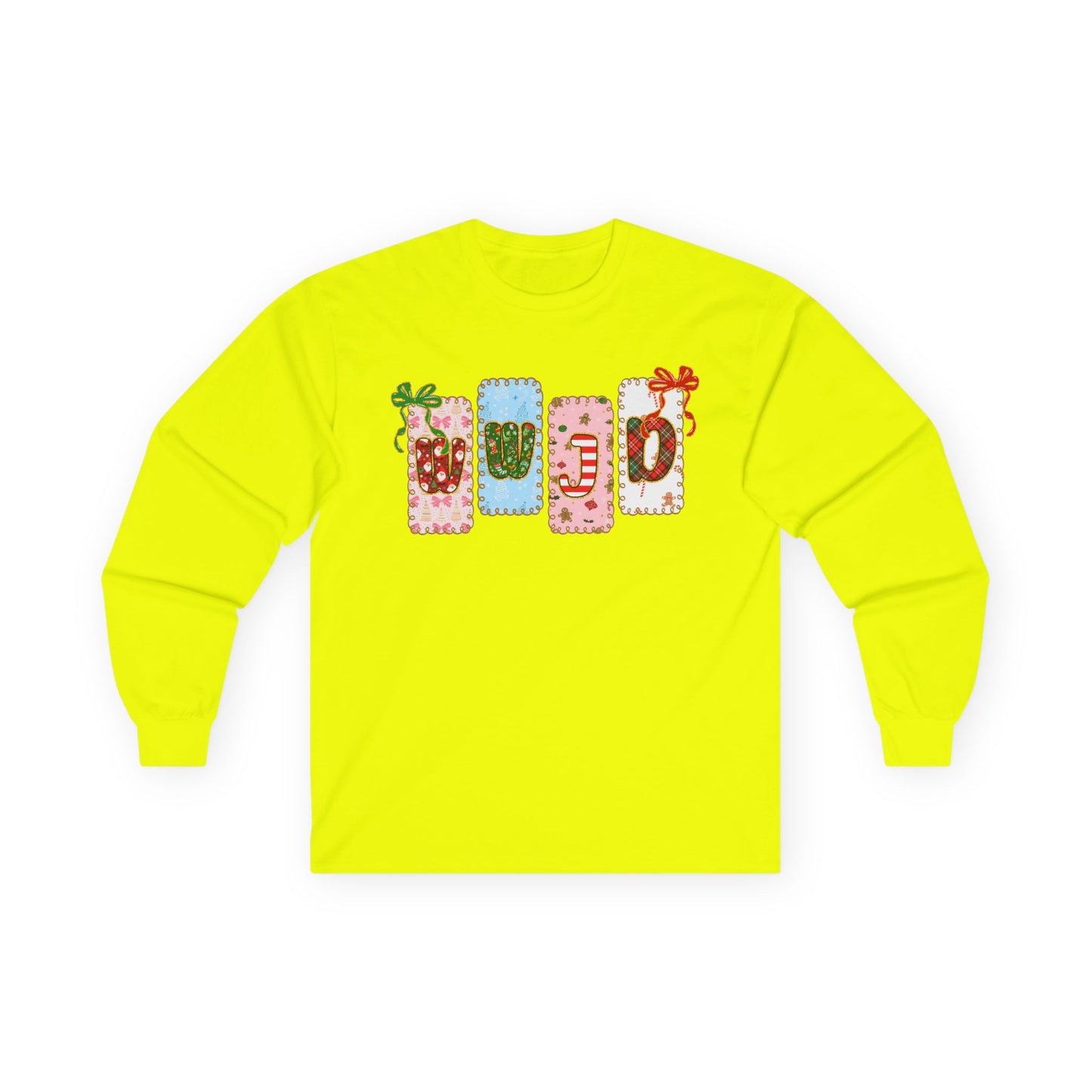 Long Sleeve Tee — Festive Gift Tag Graphic (Holidays, Christmas)