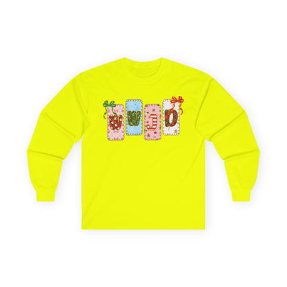 Long Sleeve Tee — Festive Gift Tag Graphic (Holidays, Christmas)