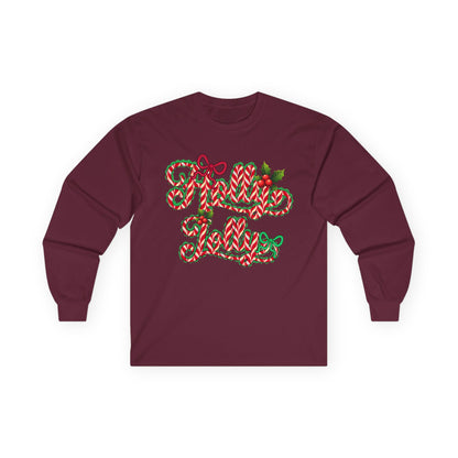 Long Sleeve Tee — "Merry Xmas" Candy Cane Script Christmas Shirt