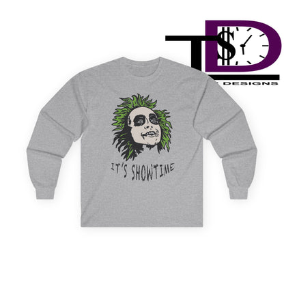 Unisex Long Sleeve Tee - It's Showtime Graphic, Halloween Shirt, Casual Wear, Gift for Movie Lovers, Spooky Season Apparel