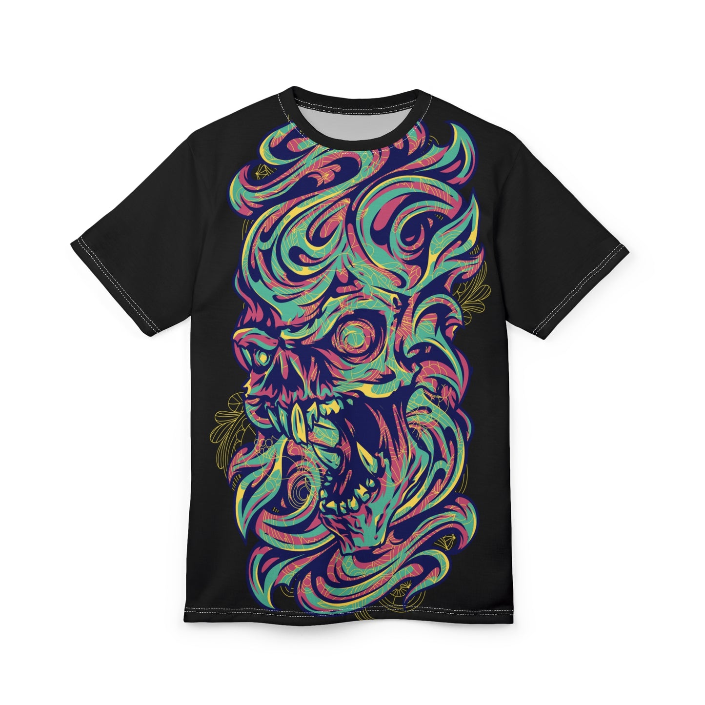 Vibrant Skull Art Unisex Tee, Unique Graphic Shirt, AOP T-Shirt for Festivals, Casual Wear, Halloween, Gift for Creatives