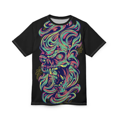 Vibrant Skull Art Unisex Tee, Unique Graphic Shirt, AOP T-Shirt for Festivals, Casual Wear, Halloween, Gift for Creatives