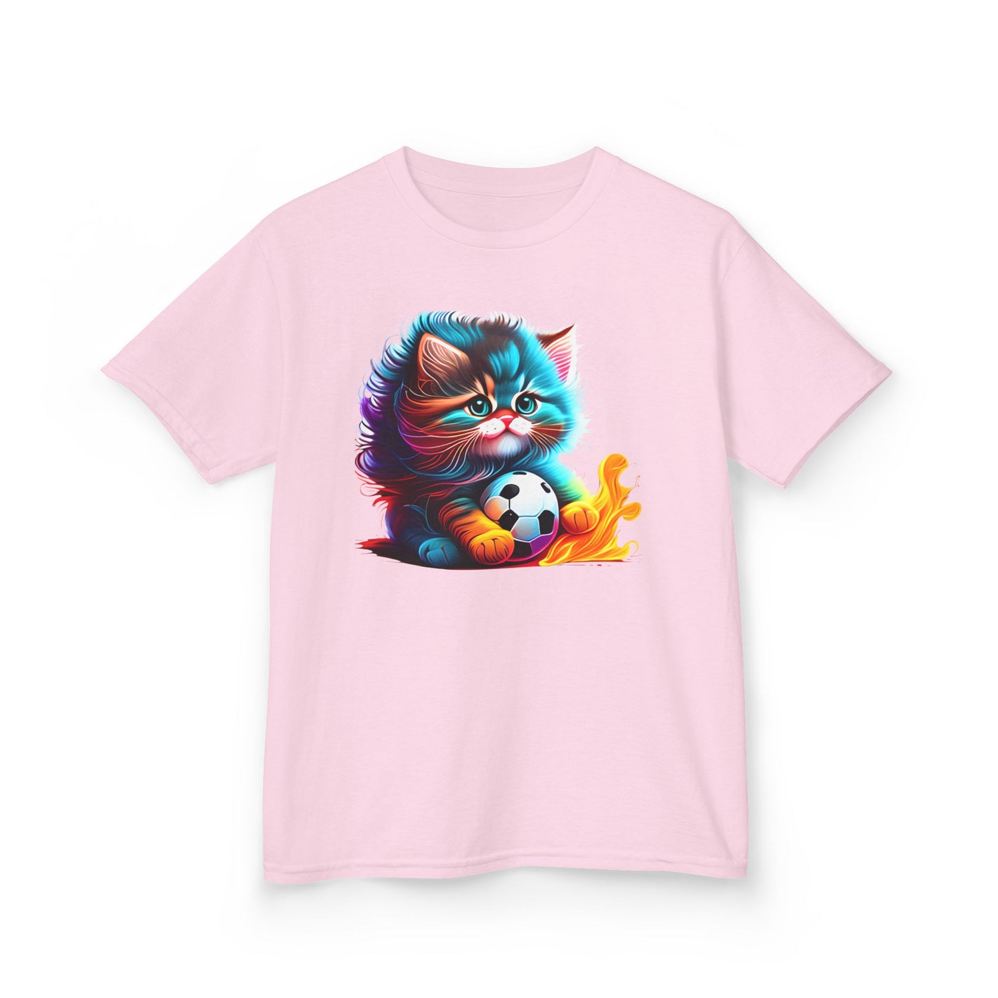 Cute Cat Soccer Kids Tee - Colorful Heavy Cotton Shirt for Young Sports Fans